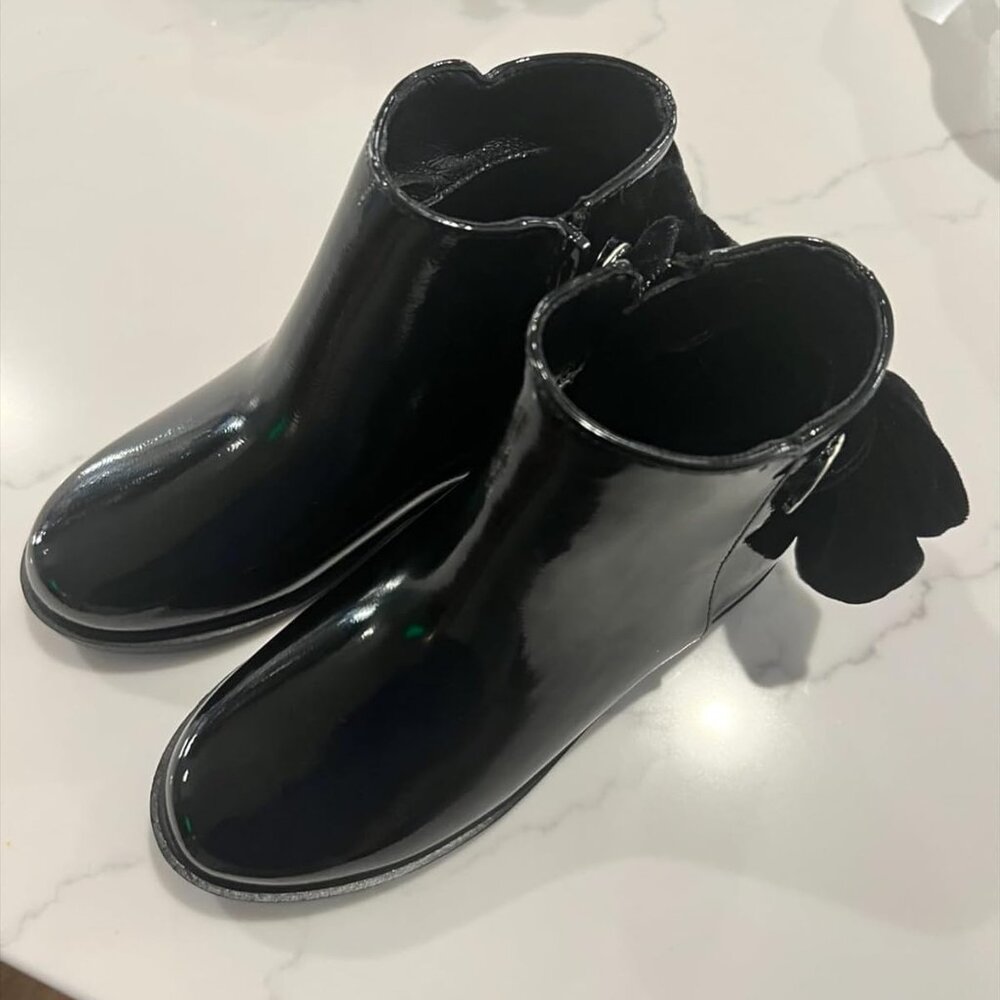 🆕Girls Black Faux Leather Ankle Kids Bow Chunky Low Heel Side Zipper Dress Boot